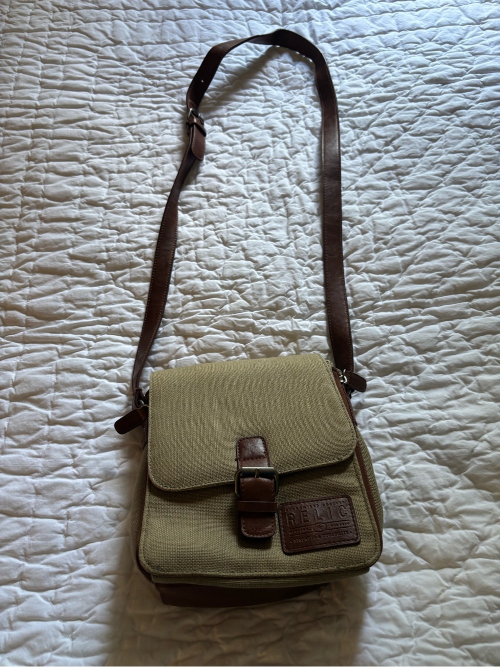 Relic Khaki Canvas Messenger Bag with Brown Trim